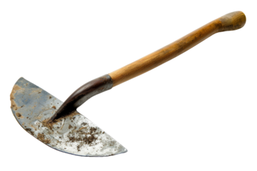 Close-up of a rustic metal hoe with a wooden handle isolated on white background, perfect for farm and gardening tools collection.