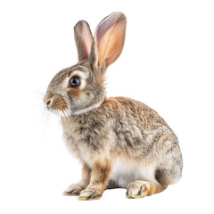Fototapeta premium Cute brown rabbit with white belly and big ears, sitting upright on white background. Perfect for Easter and nature themes.