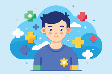 Illustration of a happy boy with autism awareness plus signs in a blue sky background, Autism Customizable Disproportionate Illustration