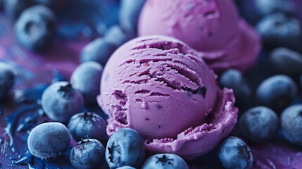 Scoop of blueberry ice cream isolated on blueberry background