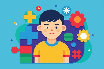 A flat illustration of a smiling boy with colorful puzzle pieces and gears around his head, Autism Customizable Flat Illustration