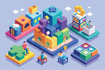 Fototapeta premium Isometric art with colorful individuals symbolizing autism perspectives/experiences, Autism Customizable Isometric Illustration