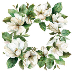 Elegant floral wreath featuring white magnolias and green leaves, perfect for wedding invitations and spring-themed designs.