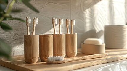 Eco-friendly bamboo toothbrushes in a holder