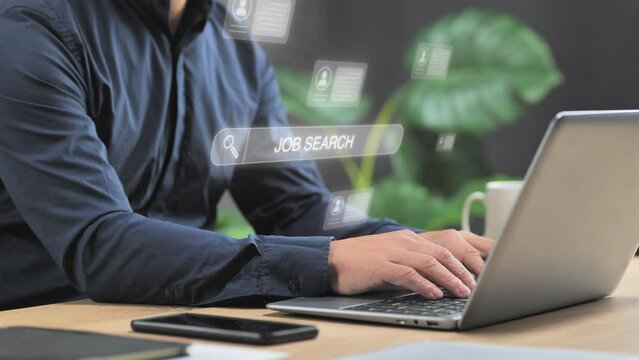 man searching job online at the laptop,person typing at computer using app to search new work opportunities,jobless looking for occupation on internet virtual website screen,graphic animation