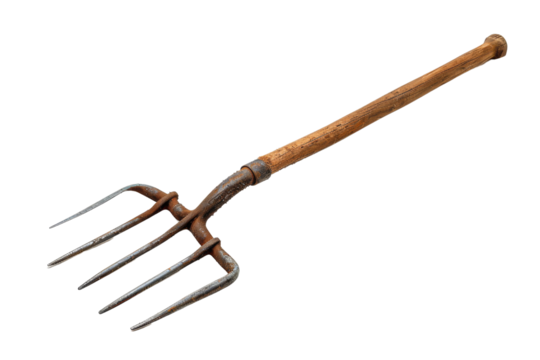 Rustic gardening pitchfork with wooden handle and metal prongs, isolated on transparent background. Essential tool for farming and gardening tasks.