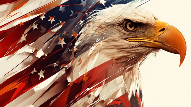 Eagle with American flag in the background, digital art illustration.