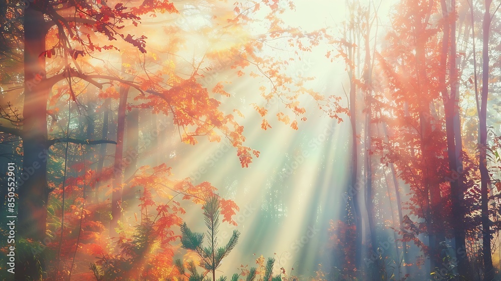 Poster autumn forest nature vivid morning in colorful forest with sun rays through branches of trees scener