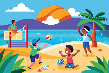 Cartoon illustration of children playing beach volleyball on a sandy beach at sunset, Beach volleyball Customizable Cartoon Illustration