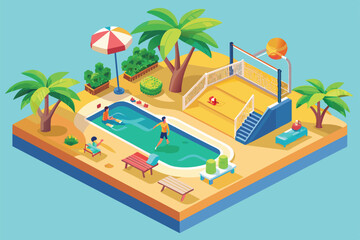Obraz premium Colorful isometric illustration of a beachside resort featuring a swimming pool, volleyball court, and palm trees, Beach volleyball Customizable Isometric Illustration