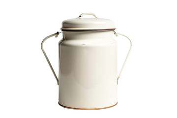 Vintage white enamel milk can with handles and lid, isolated on a white background. Ideal for rustic kitchen decor or farmhouse style.