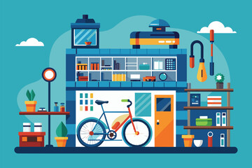 An illustration of a bicycle workshop with tools, equipment, and a bicycle, Bicycle workshop Customizable Flat Illustration