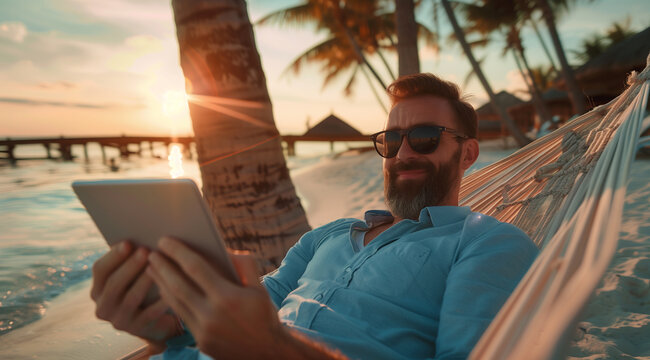 A man with sunglasses and a beard lying in a hammock on the beach holding , looking at the camera smiling, wearing a blue shirt, with a tropical island background, with shal