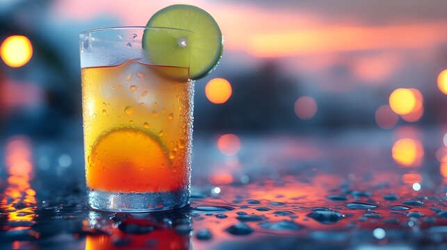 A close-up photorealistic image of a tropical drink in a tall glass with a slice of lime on the rim. The drink should be colorful and have condensation on the glass