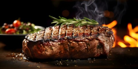 Closeup of sizzling grilled steak with crispy exterior and juicy interior. Concept Grilled Steak, Food Photography, Close-up Shots, Food Styling, Juicy Meats