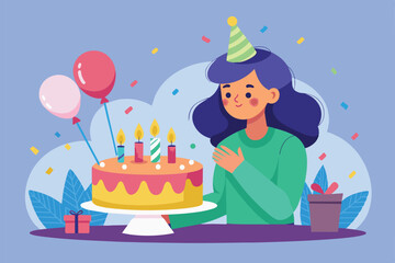 A woman in a party hat blows out the candles on a birthday cake, surrounded by balloons and confetti, Blowing out birthday candles Customizable Semi Flat Illustration