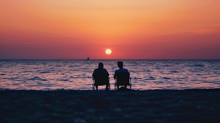 Fototapeta premium Love couple watching sunset together on beach travel summer holidays People silhouette from behind sitting enjoying view sunset sea tropical island destination vacation Romantic freedo : Generative AI