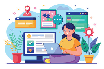 A woman smiles while browsing a website on her laptop computer in front of a desktop computer, Browsing online Customizable Semi Flat Illustration