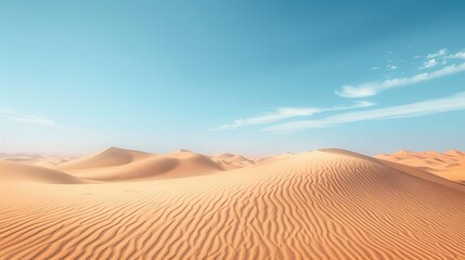 Expansive desert landscape with sand dunes and a clear blue sky