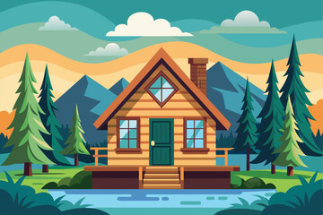 A flat illustration depicting a customizable cabin nestled in a forest setting with mountains in the background, Cabin Customizable Flat Illustration