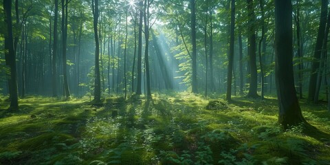 Naklejka premium Dense forest with tall trees and dappled sunlight, creating a serene atmosphere
