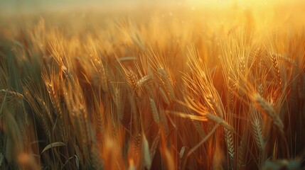 hyper-realistic beautiful barley field ready for harvest, close up of grain, at morning q2 