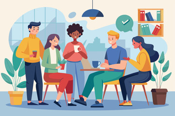 A group of friends gather around a table, enjoying a casual conversation and drinks in a relaxed, colorful setting, Chatting Customizable Semi Flat Illustration