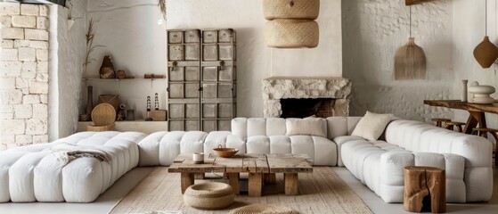 vintage industrial living room featuring an old metal locker, white stone walls, and boho accents with natural materials for a unique, eclectic vibe