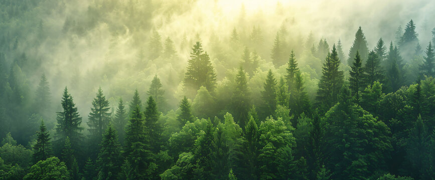 Misty forest landscape with pine trees and fog in the air, panoramic view


