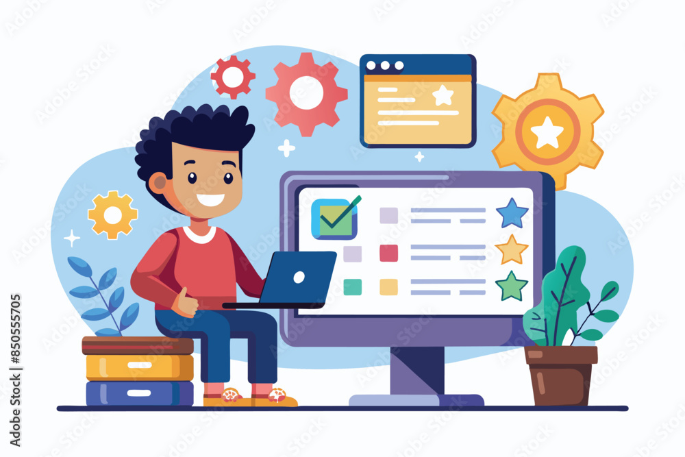 Poster cartoon illustration of a smiling programmer reviewing code on a computer, code review customizable 