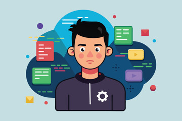 Male programmer concentrating on code in a blue and black cloud environment cartoon illustration, Coding Customizable Disproportionate Illustration
