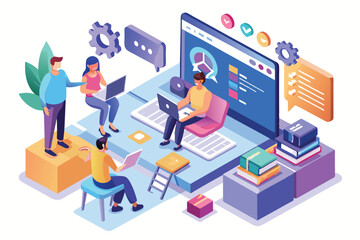 An illustration of a team of developers collaborating on a code review using a customizable isometric platform, Code review Customizable Isometric Illustration