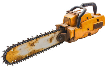 Fototapeta premium Closeup of yellow chainsaw isolated on transparent background. Industry cutting tool or machine with sharp blades, power engine motor