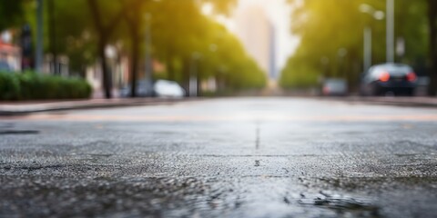 Obraz premium Urban city street with concrete and asphalt pavement sidewalk and road. Concept Cityscape, Urban Architecture, Street Photography, Cement Sidewalk, Asphalt Road