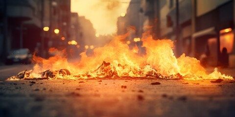 A modern street engulfed in flames emerging from the ground. Concept Apocalyptic Scene, Urban Destruction, Fire and Chaos, Modern Disaster, Burning Cityscape