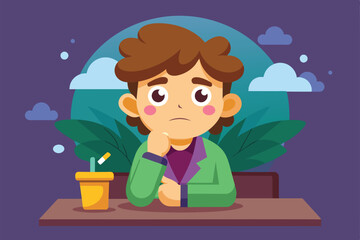 A cartoon illustration of a boy sitting at a table, thoughtfully looking down, with clouds and plants in the background, Contemplating Customizable Cartoon Illustration