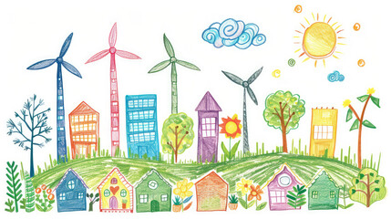 Pencil drawn art by child, naive kids illustration of wind turbines, sustainable renewable green energy production technology concept on white background	
