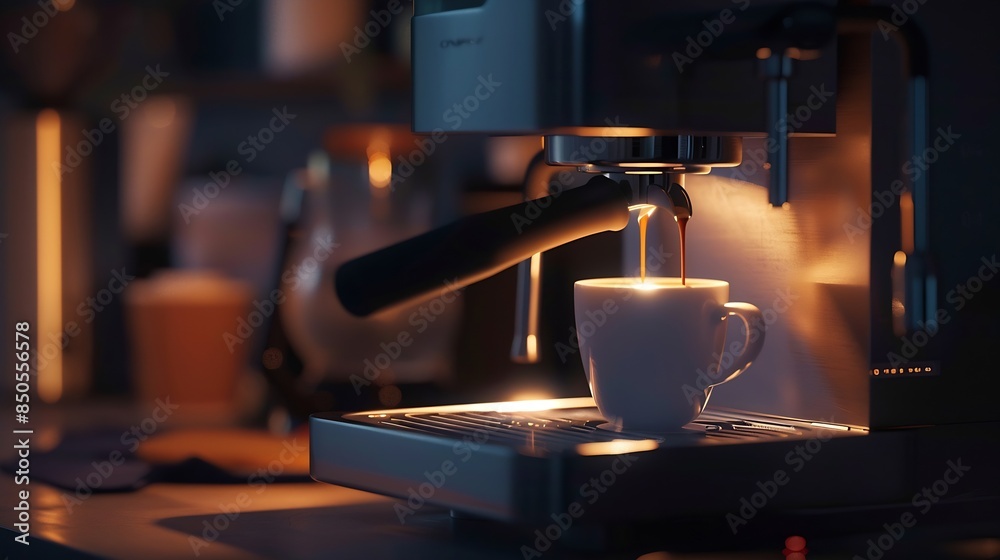 Aufkleber coffee machine filling a cup with making coffee by coffee machine into cup espresso coffee coming ou