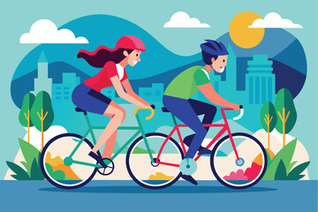 Fototapeta premium A couple rides bicycles together on a sunny day through a city park, Couple bicycle Customizable Semi Flat Illustration