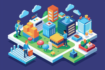 Obraz premium Isometric illustration of a modern city with people walking, buildings, and clouds, Creation Customizable Isometric Illustration