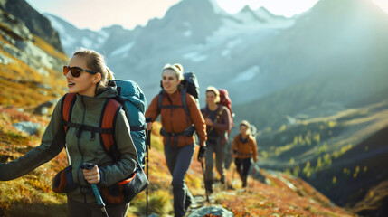 Fototapeta premium Group or team of women hikers hiking in the mountains, wearing backpacks. Female friends adventure in nature, summer tourist journey, freedom walking and trekking, climbing together