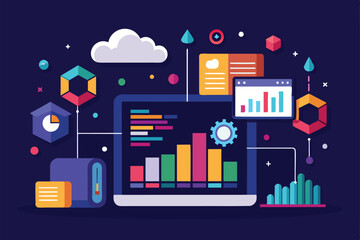 Naklejka premium Colorful illustration of an analytics dashboard with data visualizations, Dark analytics Customizable Disproportionate Illustration