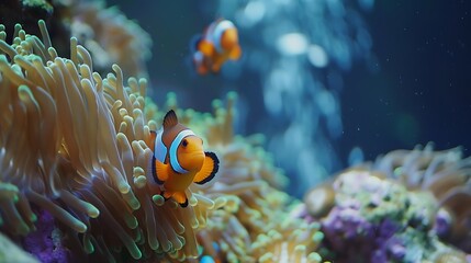 Two vibrant clownfish navigate through the tranquil waters of their aquarium home showcasing the beauty of marine life : Generative AI