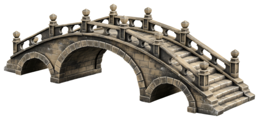 Vintage old arched stone bridge architecture isolated on white background. Travel landmark, historical city or town