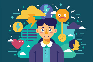 Illustration shows person battling depression amid symbols of obstacles and negativity, Depression Customizable Disproportionate Illustration