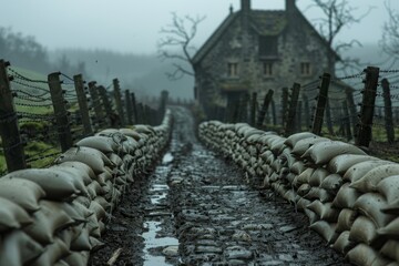 Muddy pathway with sandbags leading to an old stone house