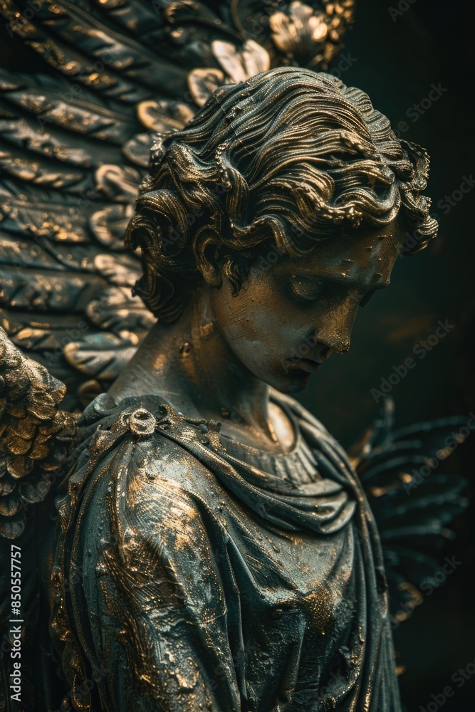Poster a detailed view of an angel's face and body from a statue, suitable for use in art-related or inspir