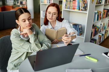 A tutor, a redhead woman, teaches a teenage girl after school, using a laptop to facilitate the learning process.