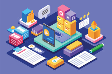 Obraz premium Isometric illustration showing digital files: docs, folders, calendar, and smartphone, Digital personal files Customizable Isometric Illustration