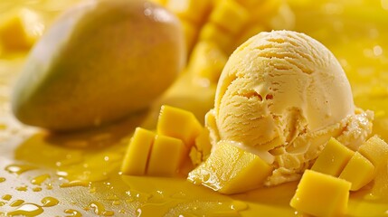 Scoop of mango ice cream isolated on mango background